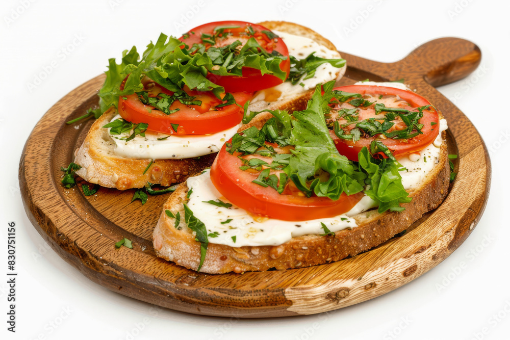 Fresh Tomato and Mozzarella Sandwich on Rustic Wooden Cutting Board Fresh Tomato and Mozzarella Sandwich on Rustic Wooden Cutting Board