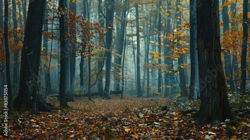 A dense, mist-covered forest with towering trees and a carpet of colorful autumn leaves on the ground. 8k, full ultra HD, high resolution, cinematic photography