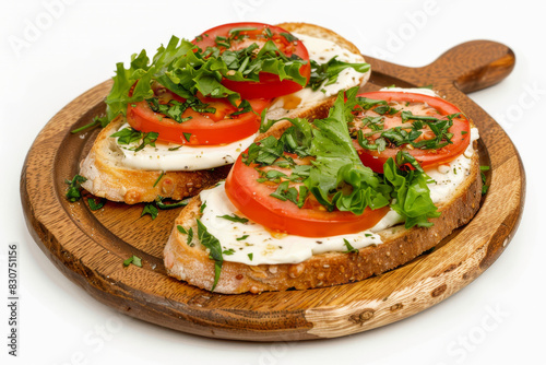 Fresh Tomato and Mozzarella Sandwich on Rustic Wooden Cutting Board