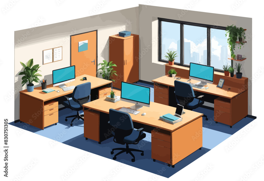 a room with a desk, chairs, and computer monitors a room with a desk, chairs, and computer monitors