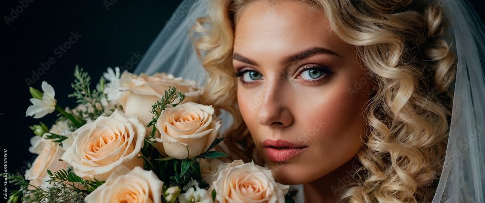 Obraz premium Portrait of a beautiful bride with a wedding bouquet. Blonde girl with curly hair and fashion makeup.