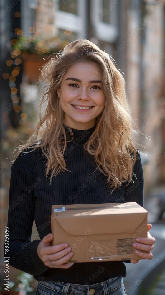 Young woman receiving a package from an order she placed online and having it sent to her home Young woman receiving a package from an order she placed online and having it sent to her home