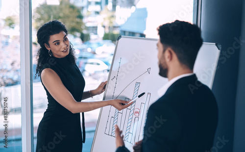 Business people, meeting and whiteboard with discussion in office for sales review, idea and solution. Man, woman and graph with communication at workplace for kpi growth, statistics and training