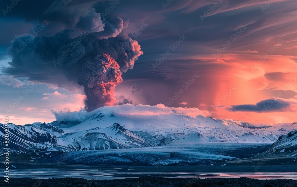 An imposing volcanic eruption billows over snow-covered peaks, with the twilight sky echoing its fiery palette. The serene arctic landscape is transformed into a dramatic spectacle.