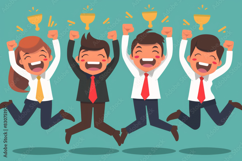 Jubilant Business Team Celebrating Success with Trophies Jubilant Business Team Celebrating Success with Trophies
