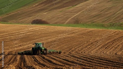 A farmer ploughing field with plough pulled by a green tractor