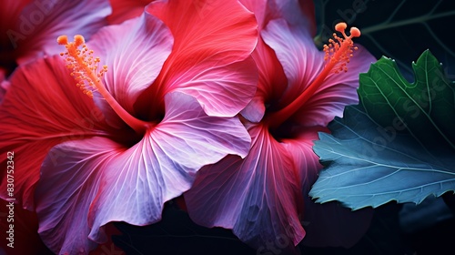 Macro photography of the vibrant, sunlit leaves of a hibiscus plant, their exotic beauty symbolizing tropical climates and natural allure. photo