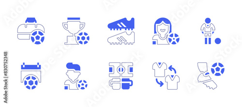 Football icon set. Duotone style line stroke and bold. Vector illustration. Containing soccer, cup, footballboots, footballplayer, footballshirt, football, sportbag.