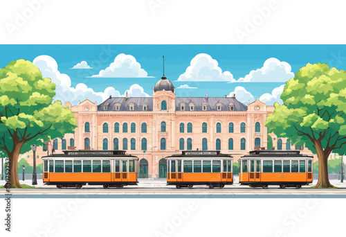 a painting of two yellow trains in front of a large building