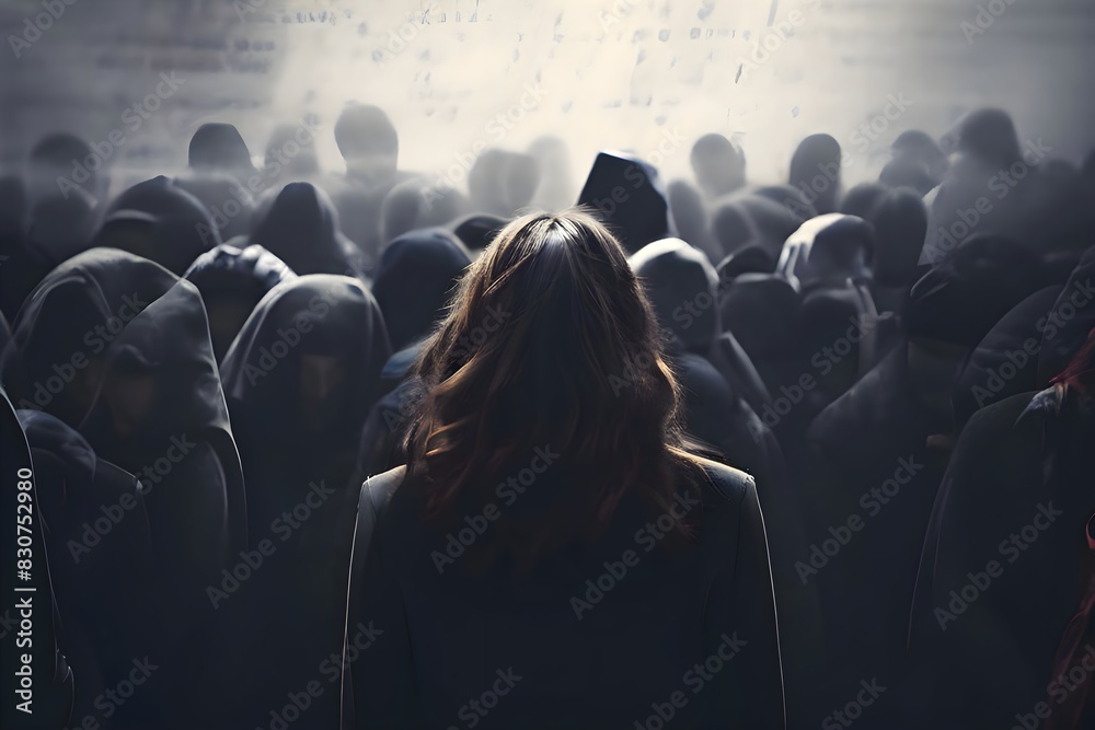 Obraz premium A depressed woman walks through a society full of unknown and judging people, highlighting emotional struggle and societal pressure.