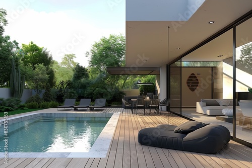 Modern Minimalist Poolside Deck: Sleek, minimalist furniture with clean lines, a stylish deck, and the poolside view.