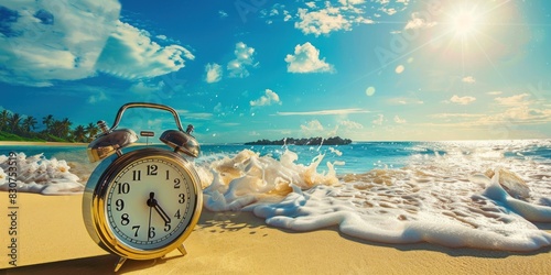 Morning of a new day, alarm clock on the beach sunlight in morning. Health concept.