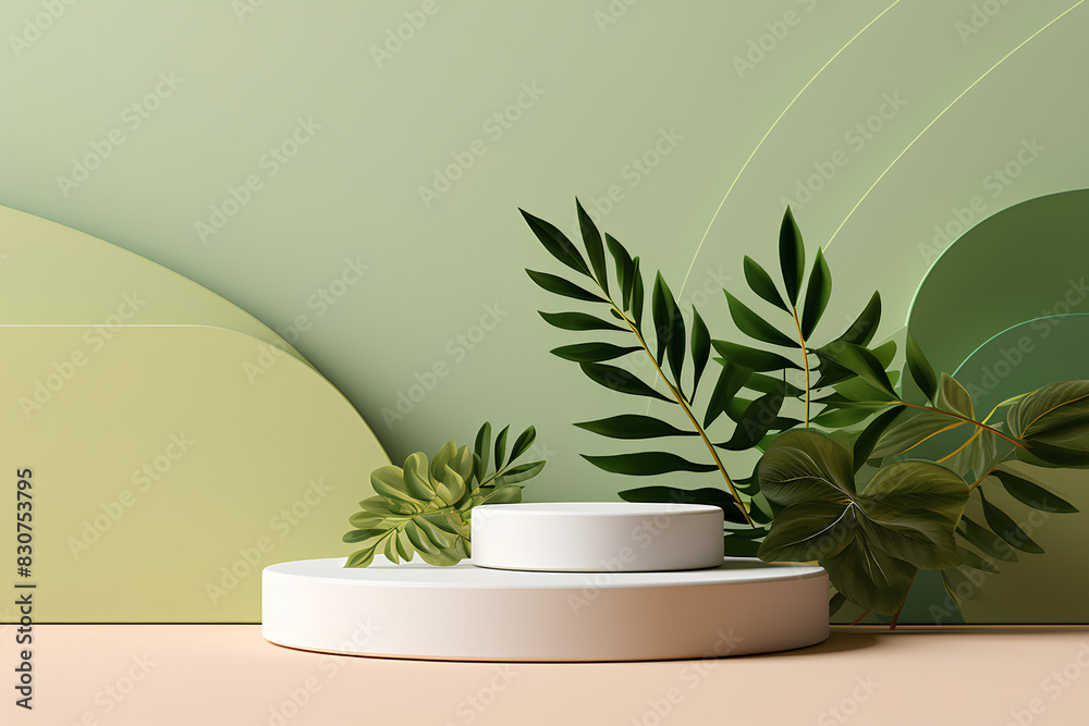 Abstract minimal scene. podium with leaves in clean background for product presentation displays.
Abstract minimal scene. podium with leaves in clean background for product presentation displays.