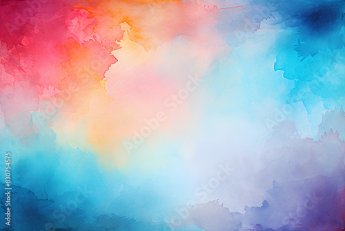 blue watercolor paint background design with colorful orange pink borders and bright center, watercolor bleed and fringe with vibrant distressed grunge texture
 photo