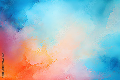 blue watercolor paint background design with colorful orange pink borders and bright center, watercolor bleed and fringe with vibrant distressed grunge texture
 photo