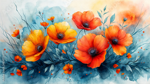 Beautiful Watercolor Floral Composition with Orange and Red Poppies on a Soft Blue Background photo