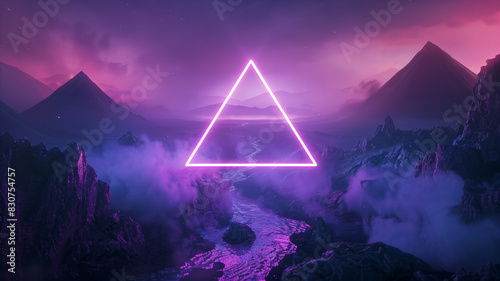  large triangle glowing with RED light hovering above the ground, mountains in the background