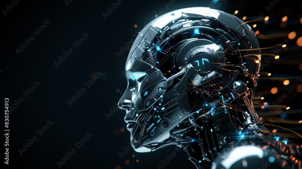 Robotic Process Automation concept. A robot with a face made of light and wires