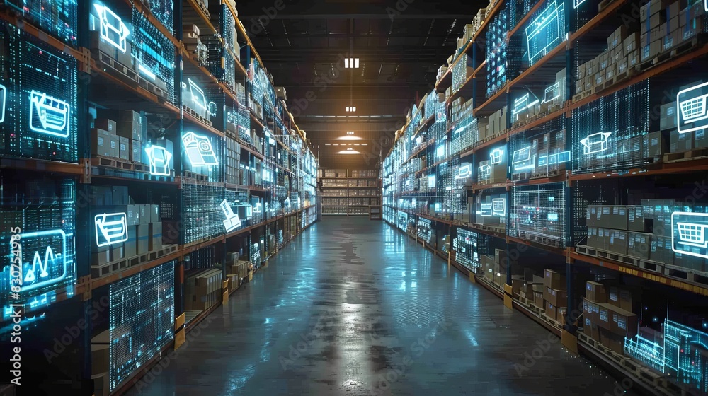 A warehouse with a lot of boxes and shelves