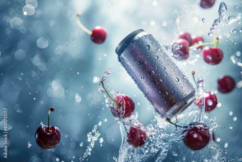 can mockup, beverage mock up with fruits cherry can mockup background, soda can mockup, Plain white colour 355ml can, floating beverage can mockup with colorful background with ice cubes
