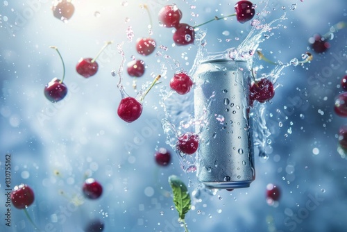 can mockup, beverage mock up with fruits cherry can mockup background, soda can mockup, Plain white colour 355ml can, floating beverage can mockup with colorful background with ice cubes photo