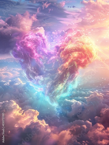 A colorful heart is surrounded by clouds in a sky