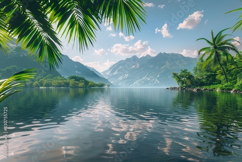 Serene Lake with Mountains in the Background  A tranquil lake with clear water  surrounded by lush greenery and mountains