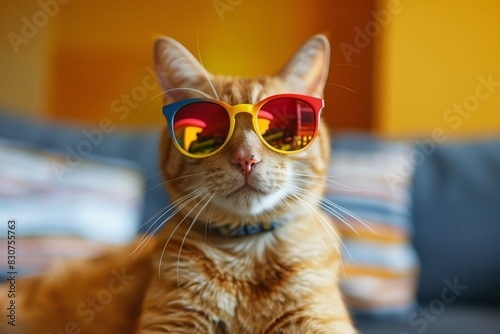 Stylish Cat in Sunglasses and Colorful Blinders