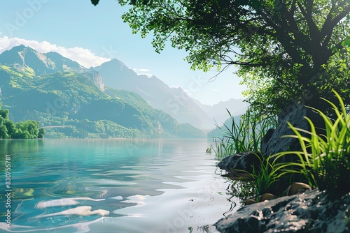 Serene Lake with Mountains in the Background: A tranquil lake with clear water, surrounded by lush greenery and mountains photo