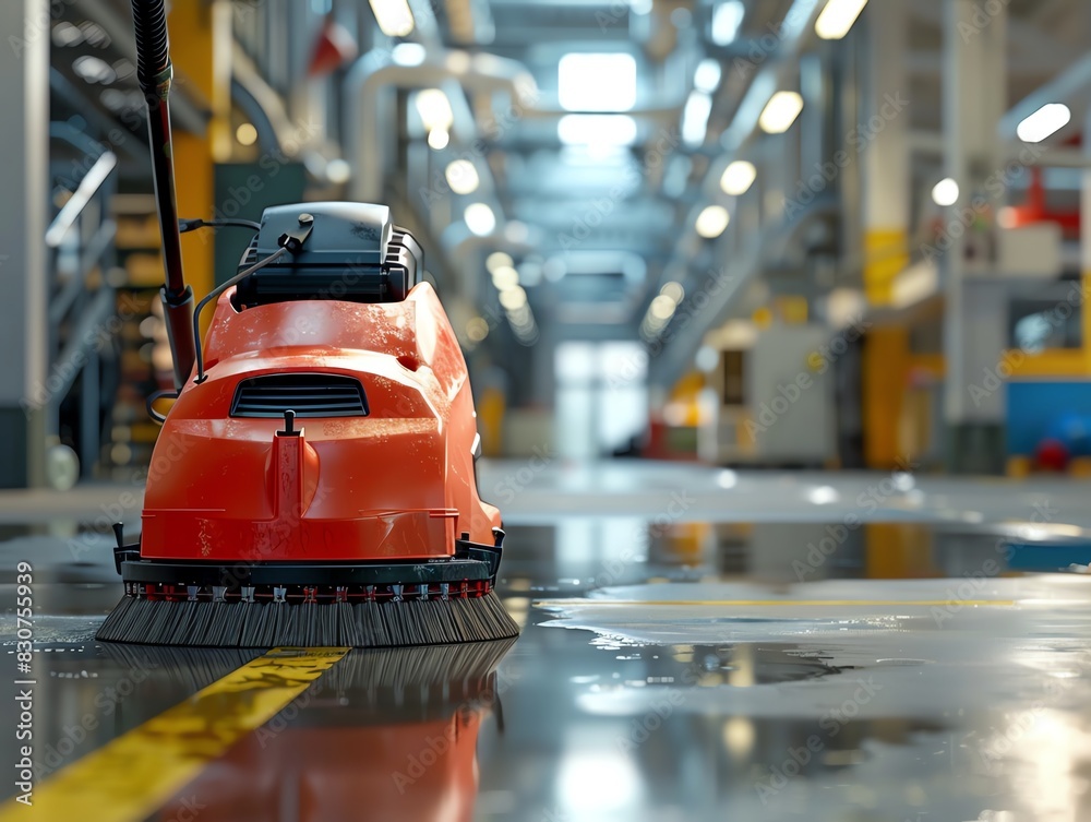 Fototapeta premium Floor sweeper machine in action, on a commercial floor, high detail
