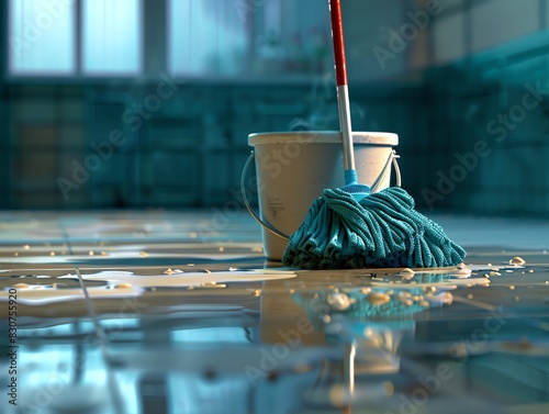Floor mop with a wringer bucket, on a clean floor, high detail photo