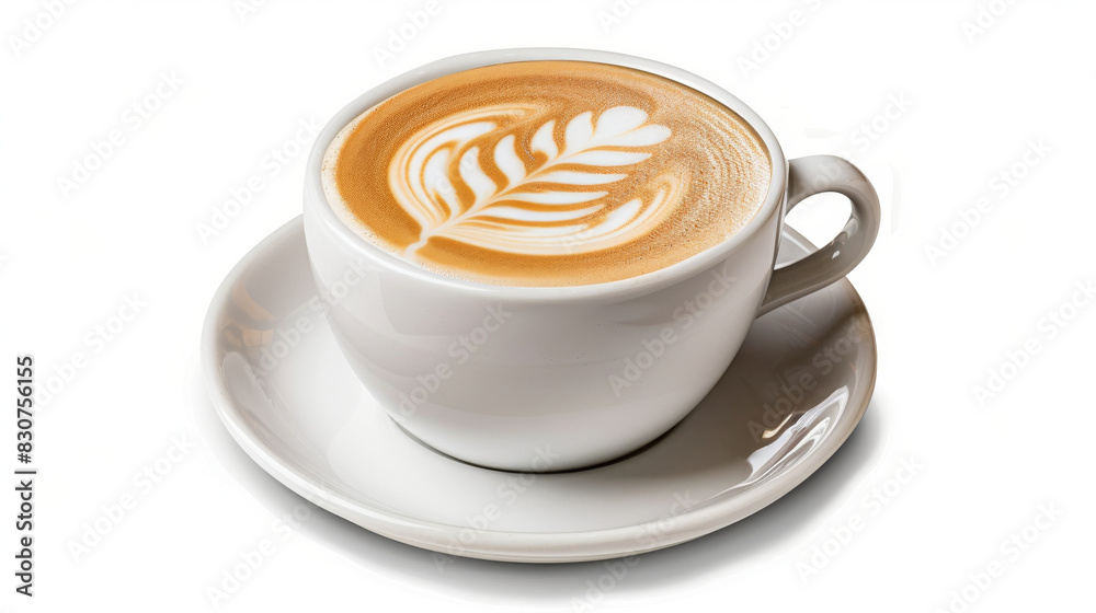 Perfect Latte Art in White Ceramic Cup on Isolated White Background