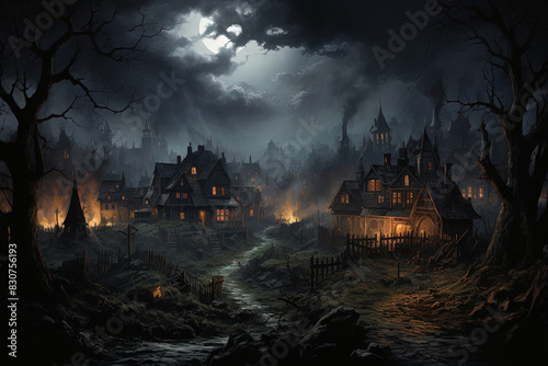 an image depicting a spooky and terrifying village scene photo