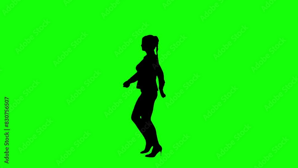Black silhouette woman dancing on green background. Green screen for compositing and presentation. Black silhouette woman dancing on green background. Green screen for compositing and presentation.