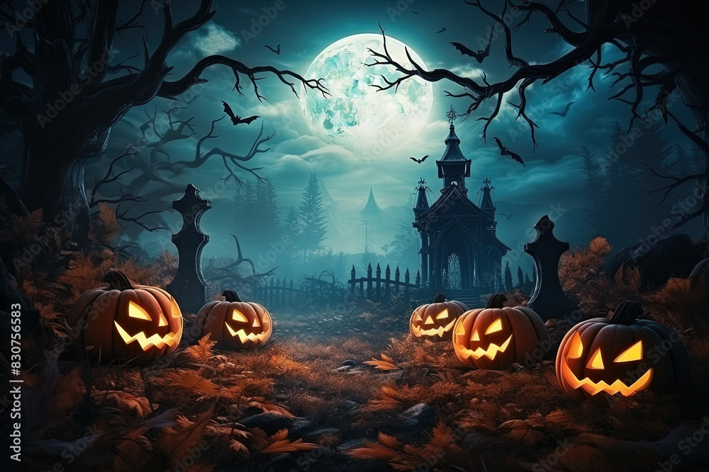 Pumpkin zombie Rising Out Of A Graveyard cemetery and church In Spooky scary dark Night full moon bats on tree Holiday event halloween Pumpkin zombie Rising Out Of A Graveyard cemetery and church In Spooky scary dark Night full moon bats on tree Holiday event halloween