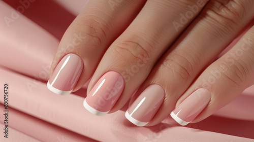 Pink manicure. French manicure. Nail extension procedure in a beauty salon. Professional hand care.