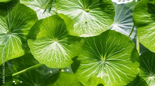 Macro view of the circular, patterned leaves of a pennywort, their natural geometry highlighted in sunlight, symbolizing completeness and medicinal value. photo