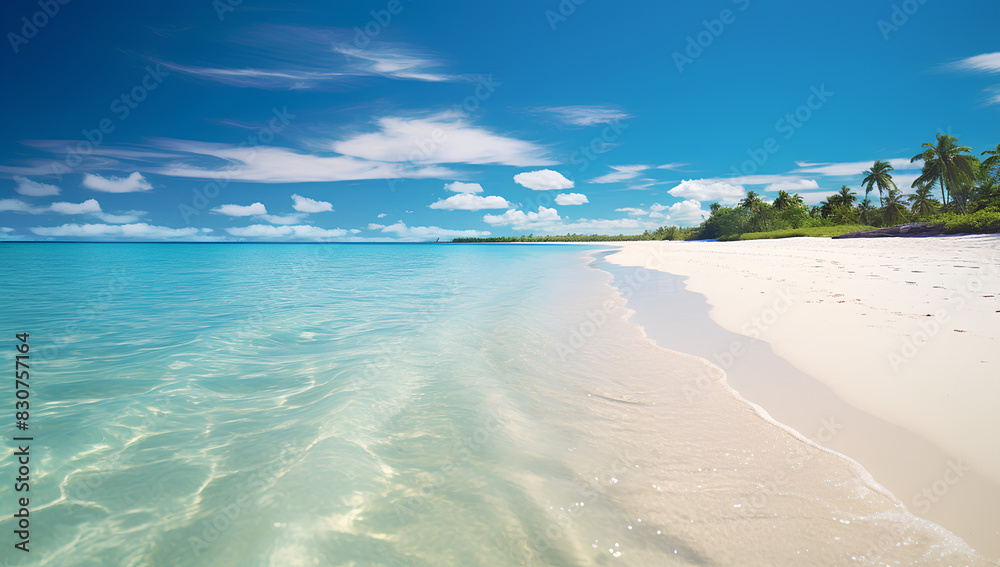 Sand spit of a tropical island stretching into the distance. Beautiful sunny summer landscape with white sand beach.
