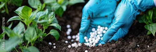 Farmer in blue gloves with fertilizer grains to soil. Hands applying mineral fertilizer white granules to green plant. Vegetable garden. Agriculture industry, development, economy investment growth photo
