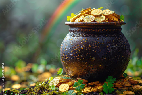 A pot of gold with a rainbow background, surrounded by clover and glittering golden coins. Created with Ai