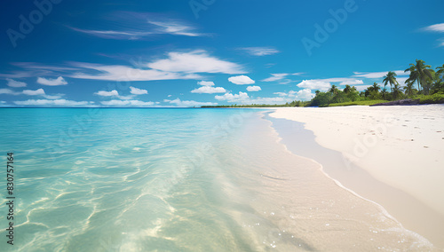 Sand spit of a tropical island stretching into the distance. Beautiful sunny summer landscape with white sand beach. 