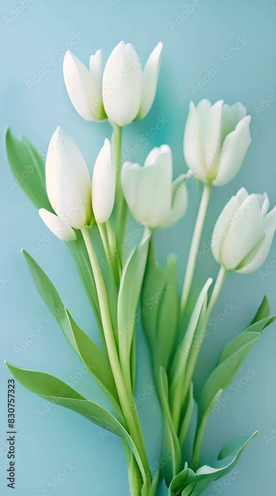 White tulip flowers on blue background. Floral wallpaper, banner. February 14, valentine's day, love, 8 march women's day theme. 4K Video White tulip flowers on blue background. Floral wallpaper, banner. February 14, valentine's day, love, 8 march women's day theme. 4K Video