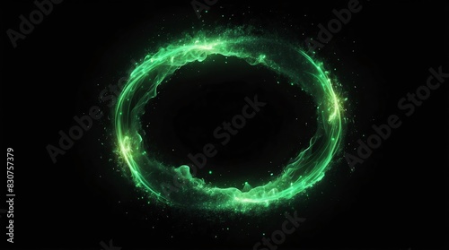 abstract circle of green glowing light particles with fire flame on plain black background