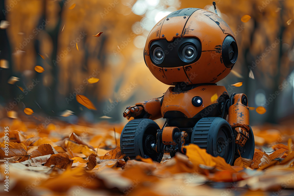 Photo of adorable robot riding on leaves in the woods. Created with Ai