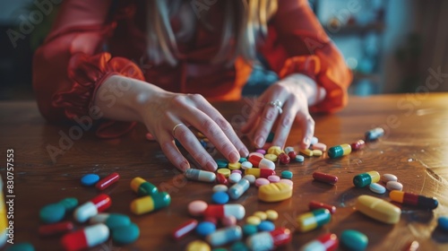 The hands sorting colorful pills photo