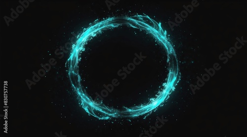 abstract circle of teal glowing light particles with fire flame on plain black background