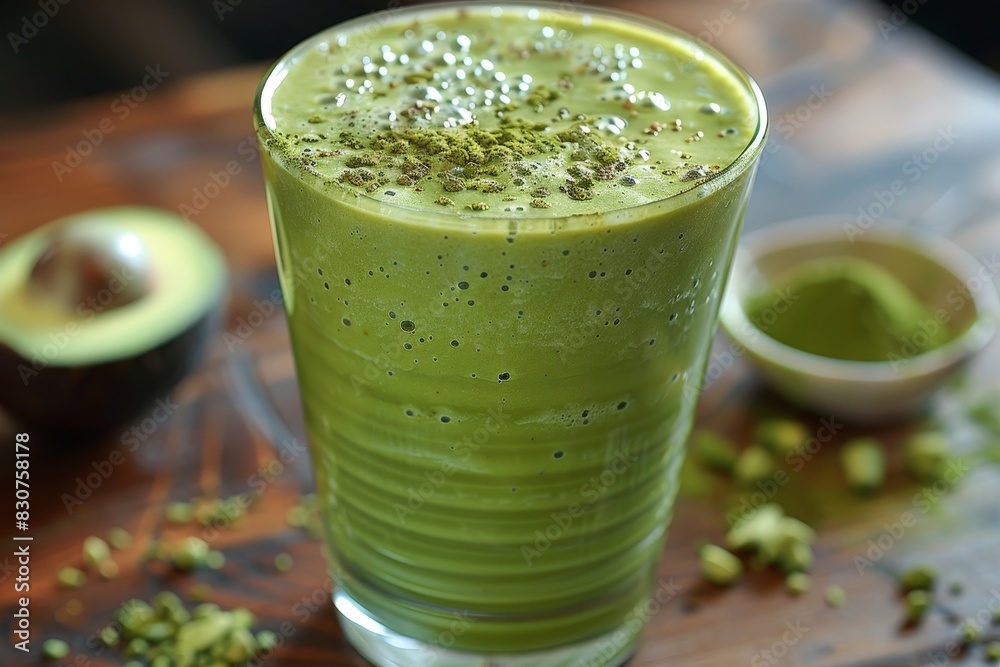 Matcha Smoothie - Light green with a sprinkle of matcha powder on top. Matcha Smoothie - Light green with a sprinkle of matcha powder on top.