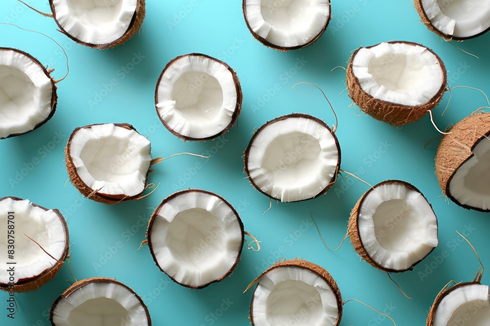 A blue background with a bunch of open coconuts A blue background with a bunch of open coconuts