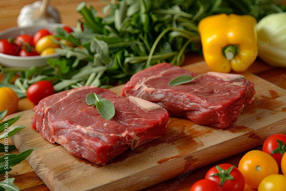Two Raw Sirloin Steaks with Fresh Vegetables: A banner showing two raw sirloin steaks on a wooden board