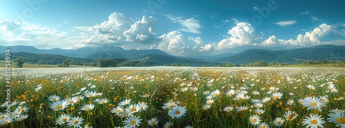 Beautiful spring landscape with daisies in the foreground  green grass and trees on hills under a sunset sky. A panoramic view of a meadow full of flowers in summer time.   